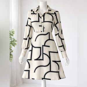 Minimalist Abstract Geo Shirt Dress | Cream Black | Modern Chic | S